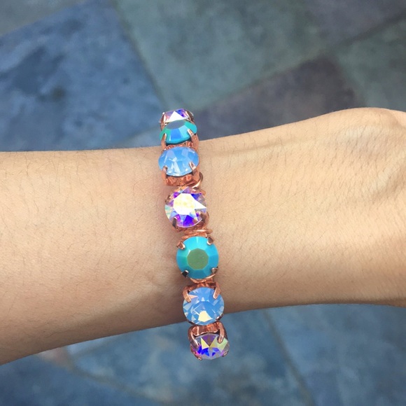 Raw Copper Iridescent Turquoise + Aurora Borealis Crystal Bracelet - Picture 1 of 16